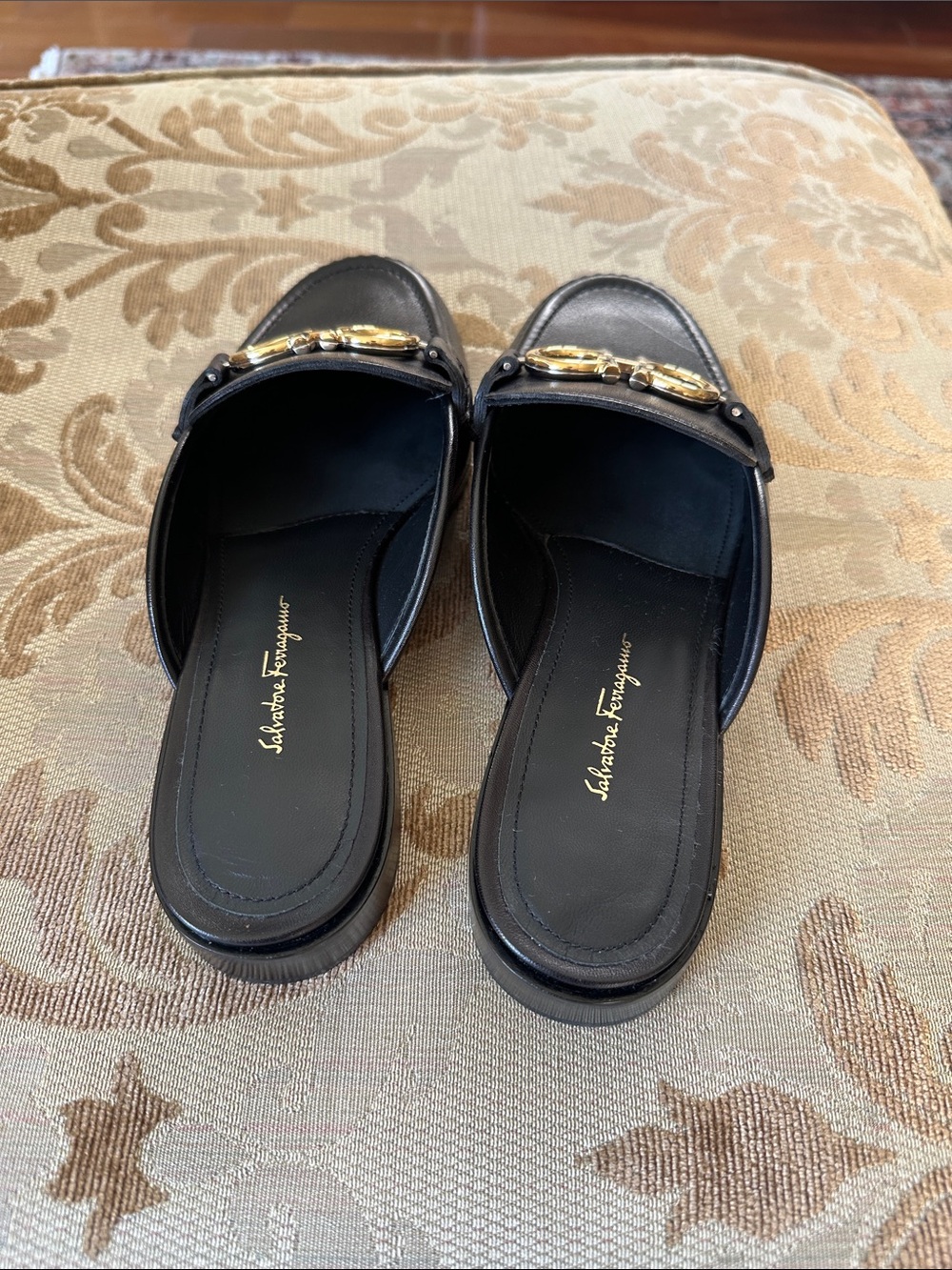 Salvatore Ferragamo Black Leather Gancini Backless Mules with Gold Hardware - Picture 2 of 7